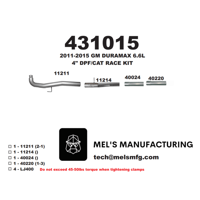 2011-2015 Duramax LML 4"Cat & DPF Race Pipe No Muffler (431015) - Mel's Manufacturing