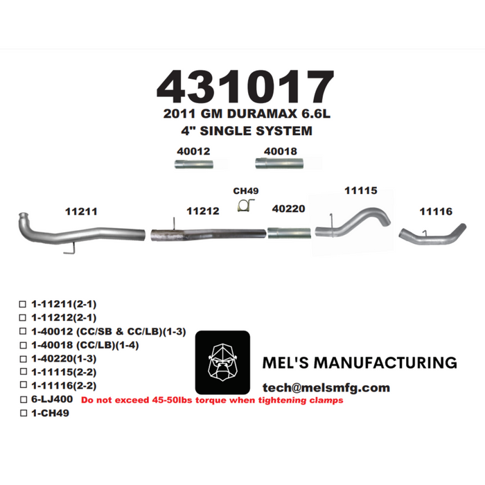 2011-2015 Duramax LML 4" Downpipe Back Exhaust No Muffler (431017) - Mel's Manufacturing