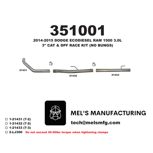 2014-2018 Ram EcoDiesel 3.0L 3" Cat & DPF Race Pipe (351001) - Mel's Manufacturing