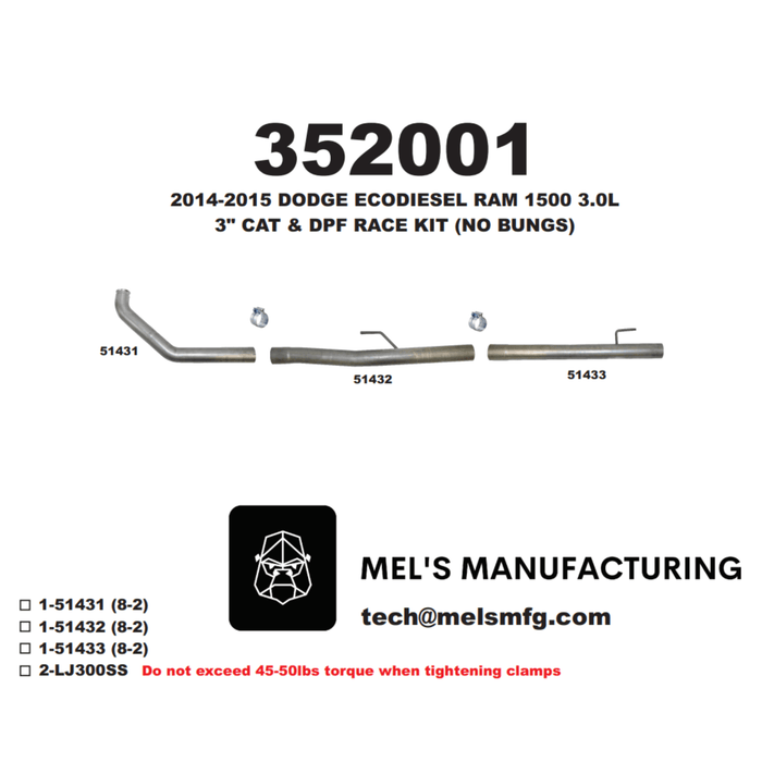 2014-2018 Ram EcoDiesel 3.0L 3" Cat & DPF Race Pipe (351001) - Mel's Manufacturing