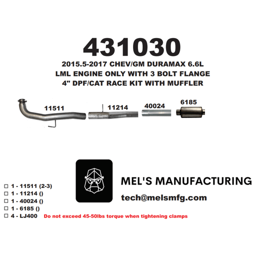 2015.5-2016 Duramax LML 4" Cat & DPF Race Pipe w/ Muffler (431030) - Mel's Manufacturing