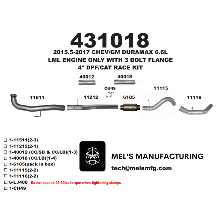2015.5-2016 Duramax LML 4" Downpipe Back Exhaust w/ Muffler (431018) - Mel's Manufacturing