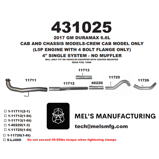 2017-2019 Duramax L5P Cab & Chassis Downpipe Back Exhaust No Muffler (431025) - Mel's Manufacturing
